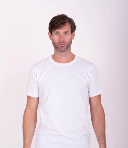 Model wearing a white t-shirt