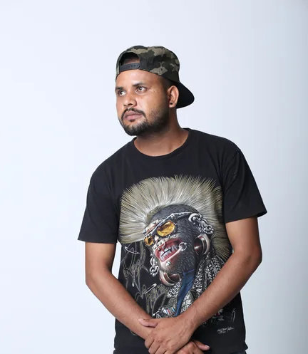 Model wearing a graphic t-shirt